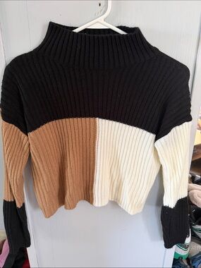 SHEIN Black, Brown & Cream Colorblock Ribbed Cowl Sweater